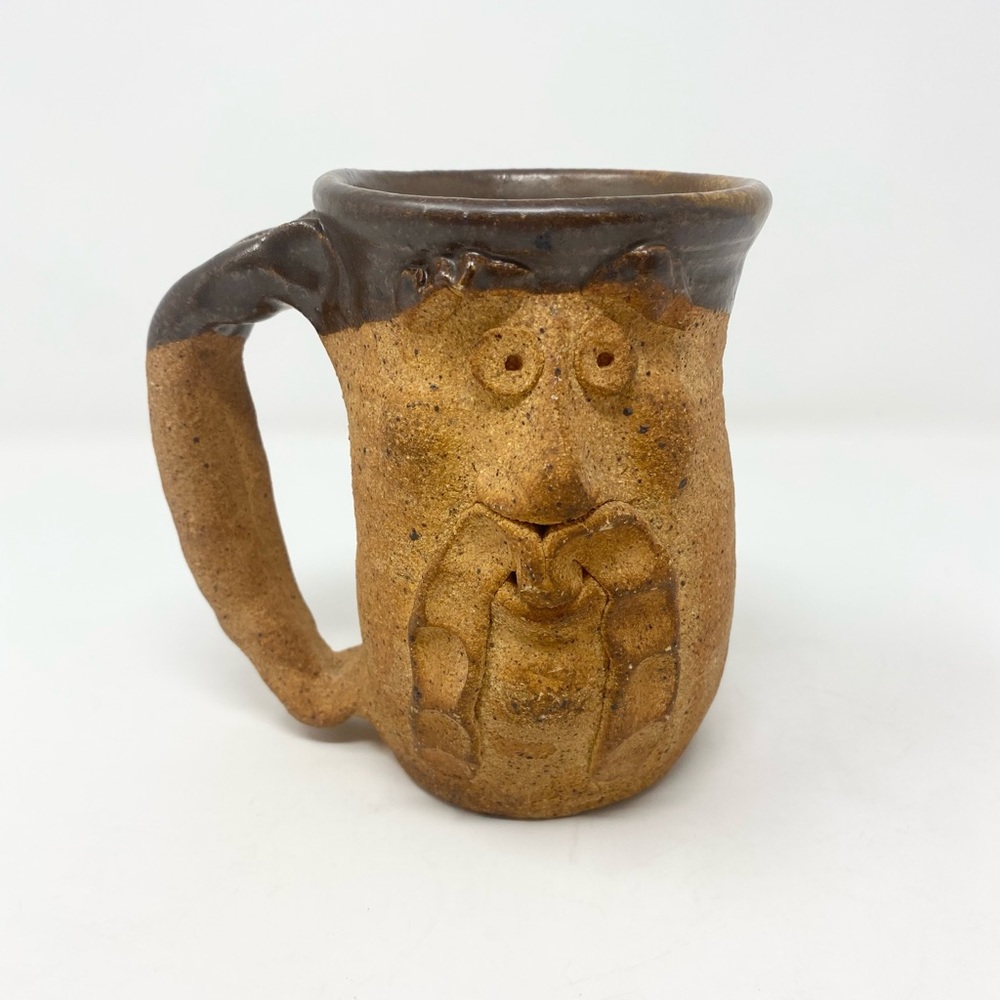 Vintage Stoneware Mustache Man Face w/ Glazed Rim signed